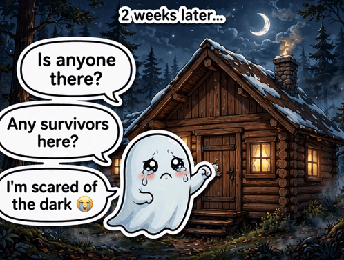 A Cartoon Of A Ghost Standing In Front Of A Log Cabin With Speech Bubbles That Say " Is Anyone There " GIF