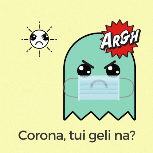 A Cartoon Of A Ghost Wearing A Face Mask With The Words Corona Tui Geli Na GIF
