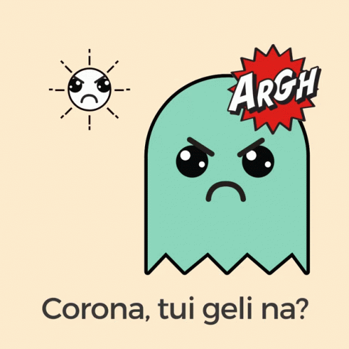 A Cartoon Of A Ghost With The Words Corona Tui Geli Na On The Bottom GIF