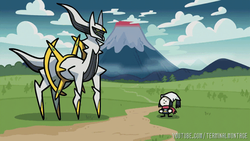 A Cartoon Of A Giant Pokemon Standing In A Field With A Mountain In The Background And The Website Youtube.com/terminalm GIF