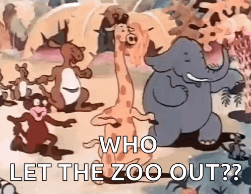 A Cartoon Of A Giraffe , Elephant , Monkey And Kangaroo With The Caption " Who Let The Zoo Out " GIF