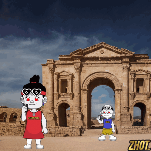 A Cartoon Of A Girl And A Boy Standing In Front Of A Building With The Word Zhout On The Bottom GIF