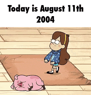 A Cartoon Of A Girl And A Pig That Says Today Is August 11Th 2004 . GIF