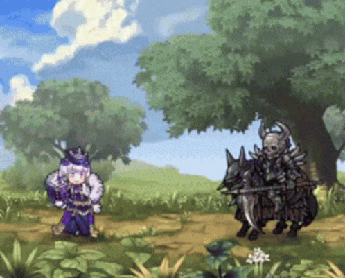 A Cartoon Of A Girl And A Skeleton Knight Standing Next To Each Other In A Field GIF