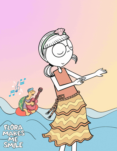 A Cartoon Of A Girl And A Turtle With The Words Flora Makes Me Smile On The Bottom GIF