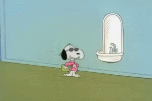 A Cartoon Of A Girl And Snoopy Standing In Front Of A Mirror GIF