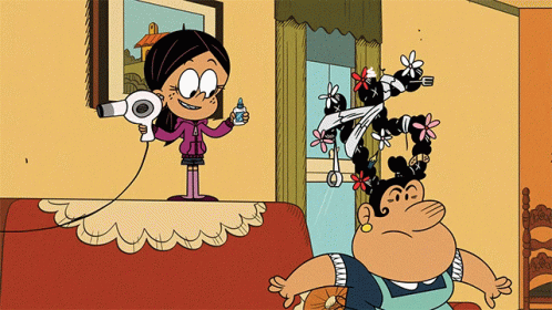 A Cartoon Of A Girl Blow Drying Her Hair While Another Girl Looks On GIF