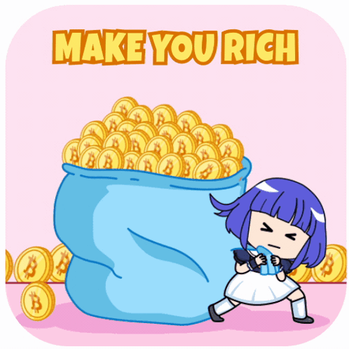 A Cartoon Of A Girl Carrying A Bag Full Of Gold Coins With The Words Make You Rich Below Her GIF