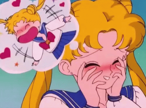 A Cartoon Of A Girl Covering Her Face With Her Hands And A Speech Bubble With A Girl In A Sailor Suit GIF