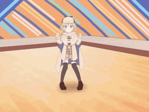 A Cartoon Of A Girl Dancing With Her Arms Outstretched In Front Of A Colorful Background GIF