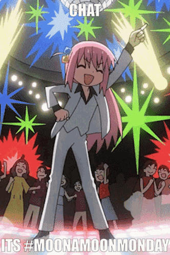 A Cartoon Of A Girl Dancing With The Words Chat Its #Moonamoonmonday Below Her GIF