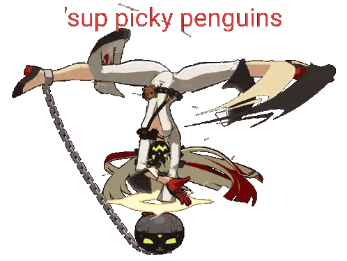 a cartoon of a girl doing a handstand with the words ' sup picky penguins ' below her