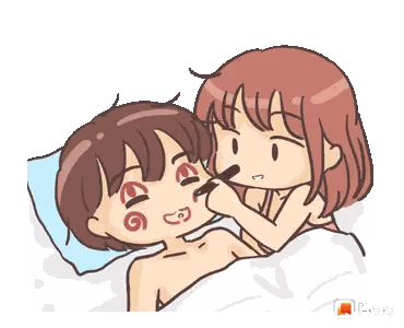 a cartoon of a girl drawing on a boy 's face with a marker