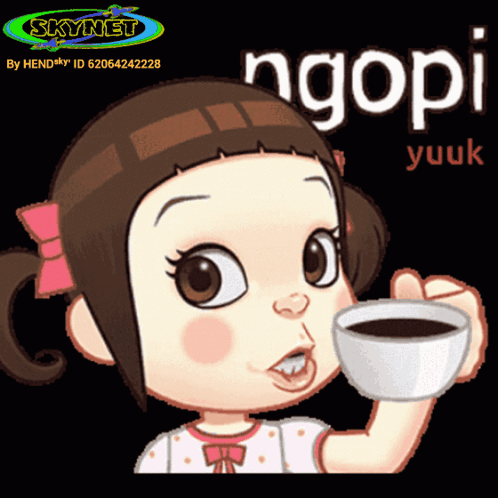 A Cartoon Of A Girl Drinking A Cup Of Coffee With The Word Ngopi On The Bottom GIF