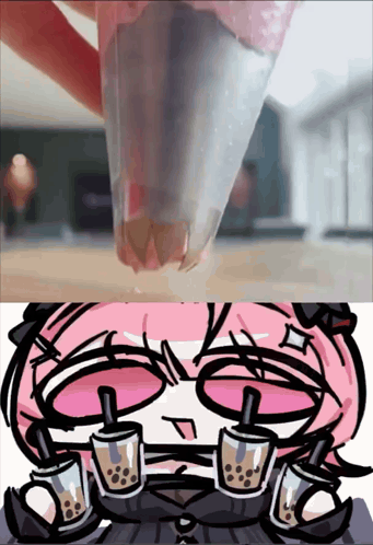 A Cartoon Of A Girl Drinking Bubble Tea Next To A Picture Of Bubble Tea GIF