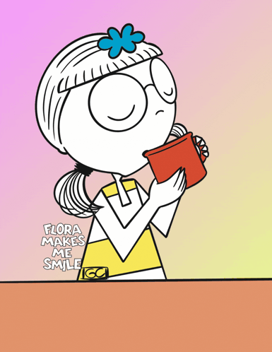 A Cartoon Of A Girl Drinking From A Red Cup With The Words Flora Makes Me Smile Below Her GIF