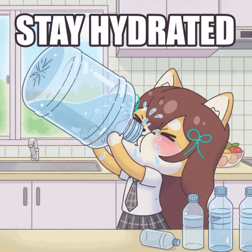 a cartoon of a girl drinking from a water bottle with the words stay hydrated below her