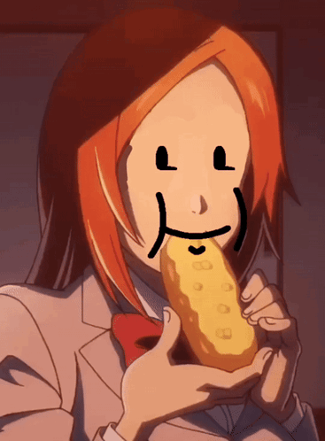 a cartoon of a girl eating a pickle with a smiley face drawn on her face