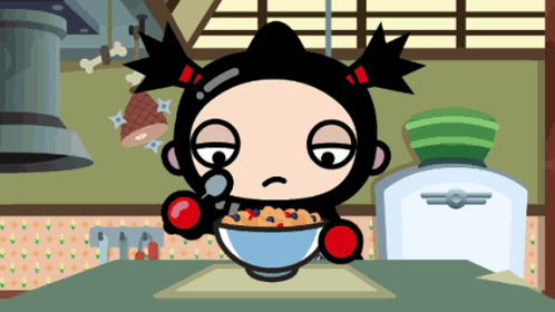 A Cartoon Of A Girl Eating Cereal With A Spoon GIF