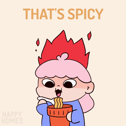 A Cartoon Of A Girl Eating Noodles With The Words That 'S Spicy Below Her GIF