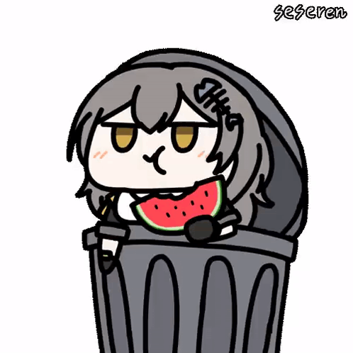 A Cartoon Of A Girl Eating Watermelon In A Trash Can . GIF