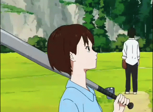 A Cartoon Of A Girl Holding A Baseball Bat And A Man Standing Behind Her GIF