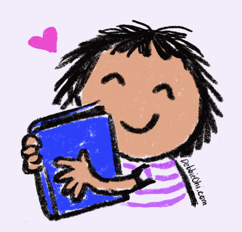 A Cartoon Of A Girl Holding A Blue Book With The Website Debbiechi.com Written Below Her GIF