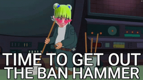 A Cartoon Of A Girl Holding A Broom With The Words Time To Get Out The Ban Hammer GIF