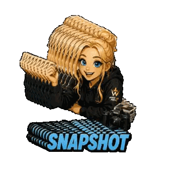 a cartoon of a girl holding a camera and the word snapshot below her