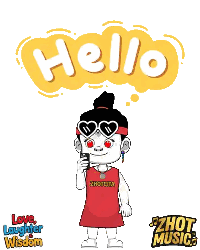 a cartoon of a girl holding a cell phone in front of a hello sign