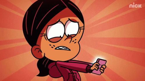 A Cartoon Of A Girl Holding A Cell Phone With Nick Written On The Bottom GIF