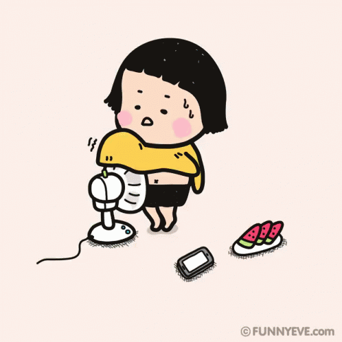 a cartoon of a girl holding a fan with funnyeve.com written on the bottom right