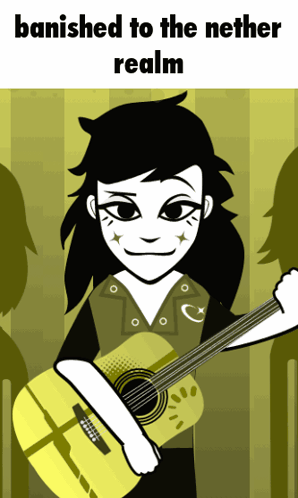 A Cartoon Of A Girl Holding A Guitar With The Words " Banished To The Nether Realm " GIF