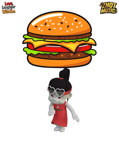 A Cartoon Of A Girl Holding A Hamburger On Her Head With The Words Love Laughter Wisdom Above It GIF
