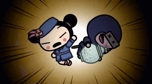 A Cartoon Of A Girl Holding A Knife Standing Next To A Cartoon Of A Man GIF