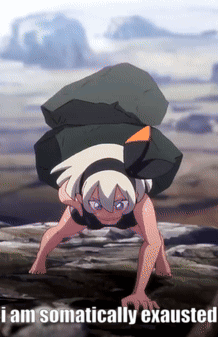 A Cartoon Of A Girl Holding A Large Rock With The Words I Am Somatically Exhausted GIF