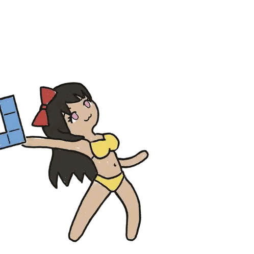 a cartoon of a girl holding a lollipop and a tetris block in the background