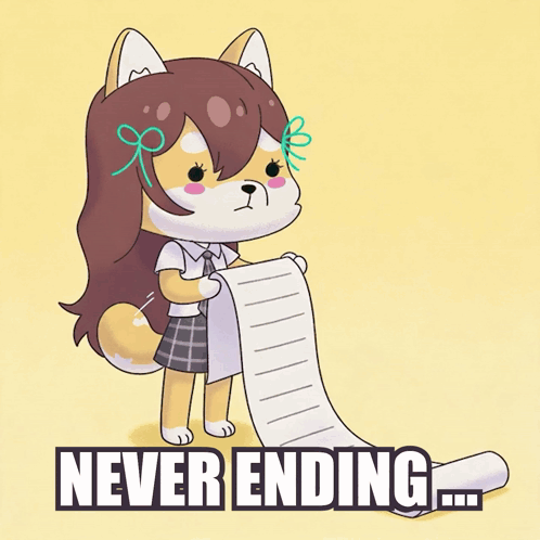 A Cartoon Of A Girl Holding A Piece Of Paper With The Words Never Ending GIF