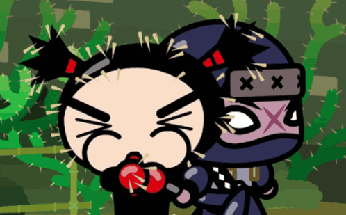 A Cartoon Of A Girl Holding A Red Apple Next To A Ninja GIF