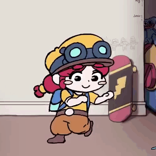 A Cartoon Of A Girl Holding A Skateboard In Her Hand . GIF