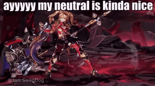 A Cartoon Of A Girl Holding A Spear With The Words " Ayyy My Neutral Is Kinda Nice " GIF