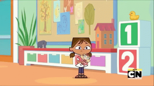 A Cartoon Of A Girl Holding A Stuffed Animal With The Letters Cn On The Bottom Right GIF