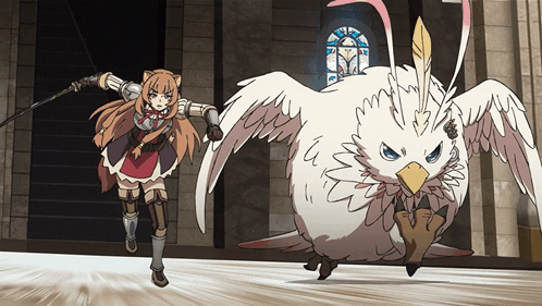 A Cartoon Of A Girl Holding A Sword And A Bird With Feathers GIF