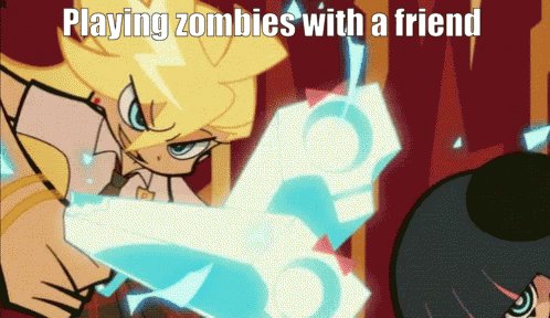 a cartoon of a girl holding a sword with the words playing zombies with a friend