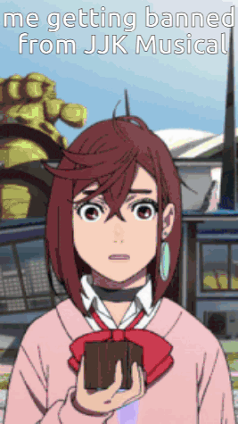 A Cartoon Of A Girl Holding A Wallet With The Words Me Getting Banned From Jjk Musical GIF