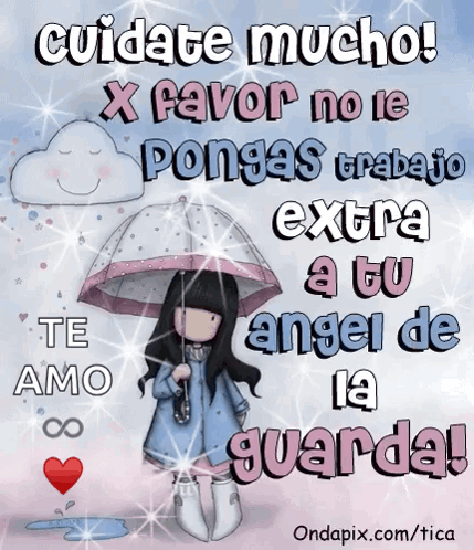 A Cartoon Of A Girl Holding An Umbrella With The Words " Cuidate Mucho " On Top GIF