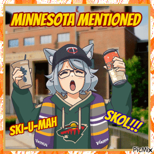 A Cartoon Of A Girl Holding Two Cups Of Coffee With The Caption Minnesota Mentioned Ski-U-Mah GIF