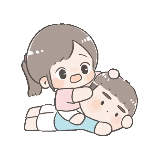 a cartoon of a girl hugging a boy who is laying on the floor