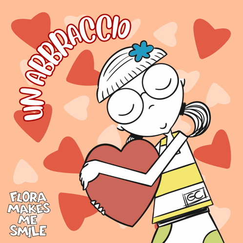 A Cartoon Of A Girl Hugging A Heart With The Words Flora Makes Me Smile Below Her GIF