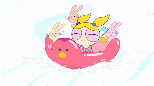 A Cartoon Of A Girl In A Boat With Rabbits And The Words Yaaaay In White GIF